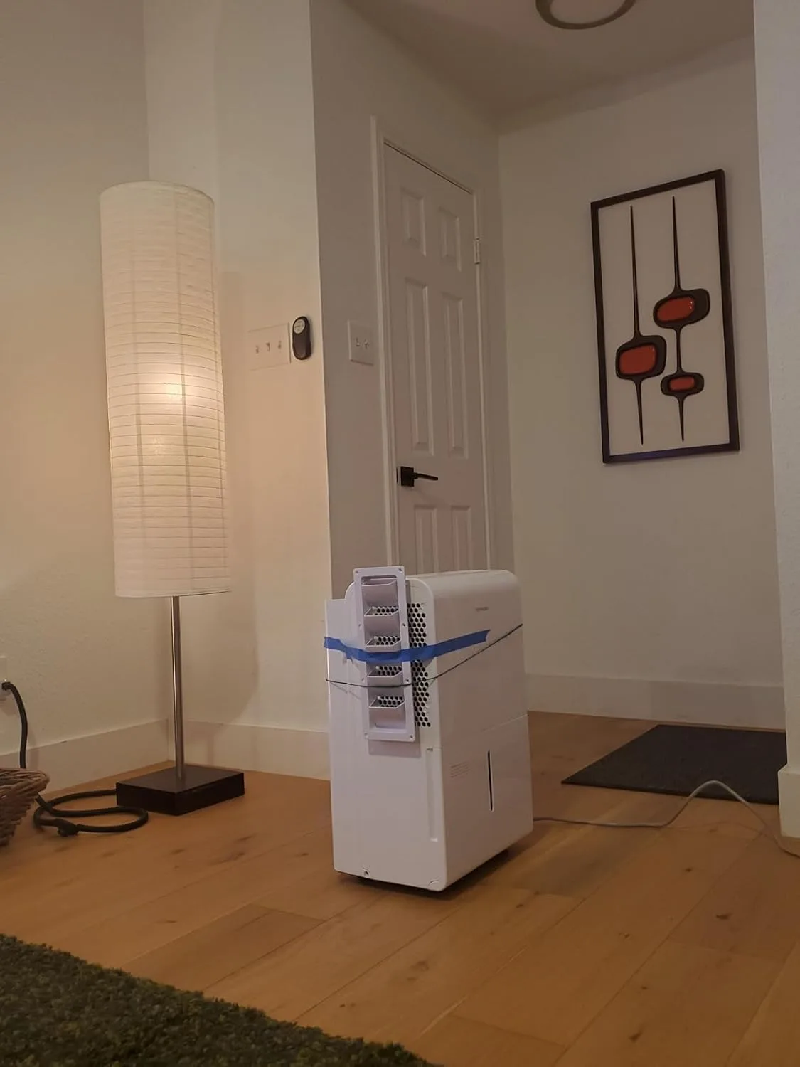Customer photo of portable dehumidifier positioned in corner of bedroom showing compact size and design