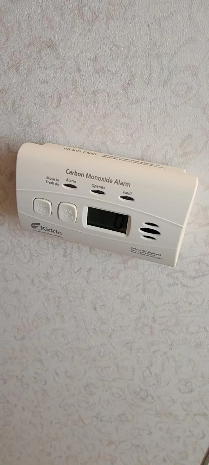 Customer photo of CO alarm display showing no alert despite potential gas exposure